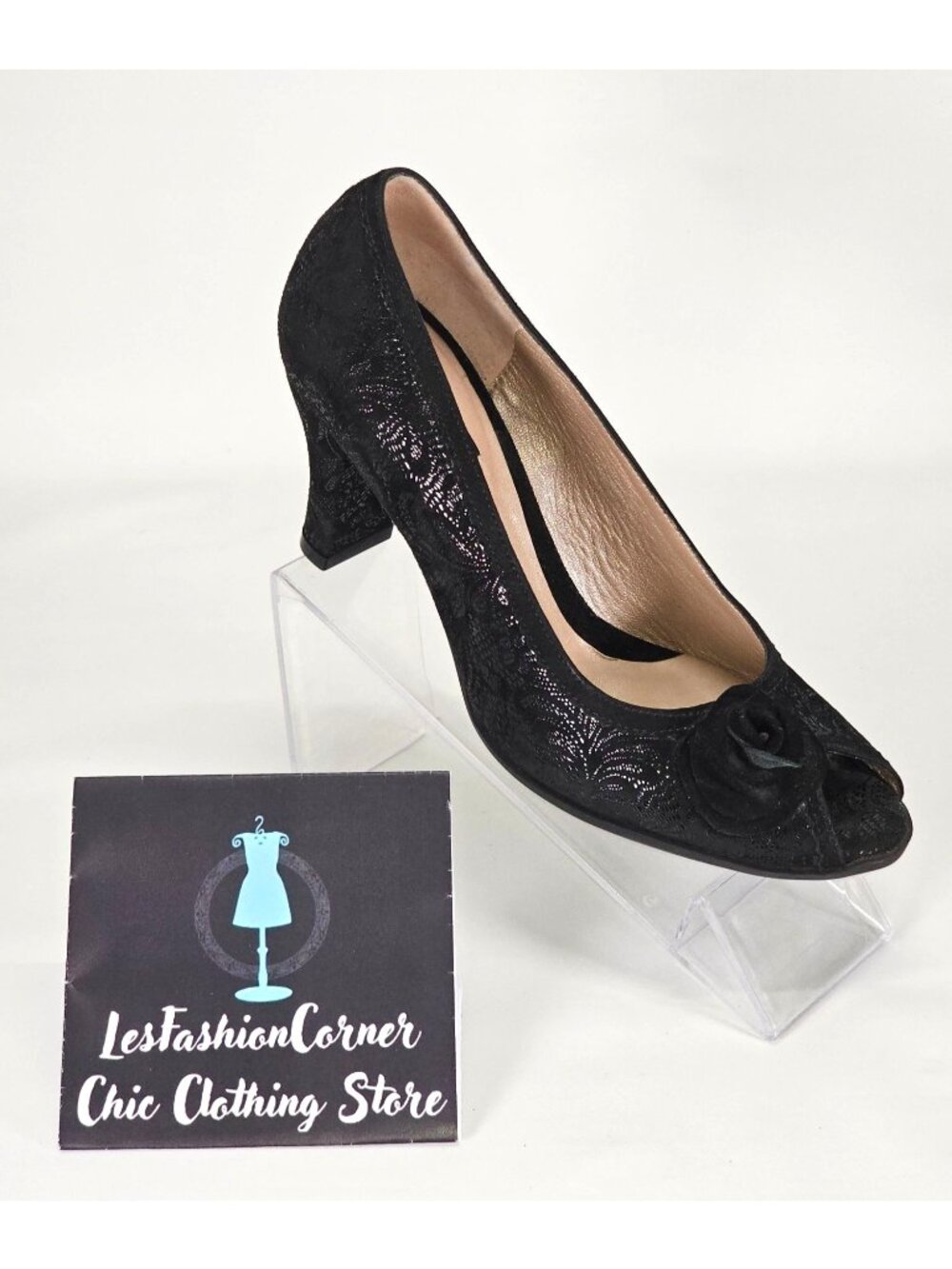 BeautiFeel Women's Black Spark Suede Glasgow Open-Toe Pump Size 7.5 2115 - Picture 13 of 16
